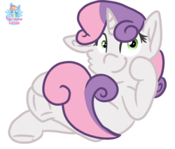 Size: 1462x1248 | Tagged: safe, artist:rainbow eevee, part of a set, sweetie belle, pony, g4, cheek fluff, crossed legs, cute, cutie mark crusaders, female, filly, foal, frog (hoof), hoof on face, looking at you, one ear down, signature, simple background, sitting, smiling, solo, transparent background, underhoof