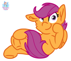 Size: 1462x1248 | Tagged: safe, artist:rainbow eevee, part of a set, scootaloo, pegasus, pony, g4, cheek fluff, crossed legs, cute, female, filly, frog (hoof), hoof on face, looking at you, one ear down, signature, simple background, sitting, smiling, solo, transparent background, underhoof