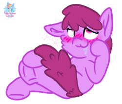 Size: 1462x1248 | Tagged: safe, artist:rainbow eevee, part of a set, berry punch, berryshine, earth pony, pony, g4, :3, blushing, cheek fluff, crossed legs, cute, drool, drunk, drunk bubbles, female, frog (hoof), hoof on face, mare, one ear down, signature, simple background, sitting, smiling, solo, transparent background, underhoof