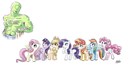 Size: 2417x1277 | Tagged: safe, artist:nobody, artist:ritalux, edit, applejack, fluttershy, pinkie pie, rainbow dash, rarity, sunset shimmer, twilight sparkle, oc, oc:anon, alicorn, pony, g4, abs, anon gets all the mares, belly button, body hair, male, male nipples, mane six, muscles, nipples, nudity, simple background, stupid sexy anon, sweat, towel, twilight sparkle (alicorn), white background