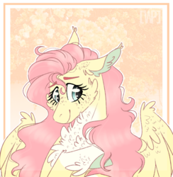 Size: 750x768 | Tagged: safe, artist:wanderingpegasus, fluttershy, pegasus, pony, g4, bust, cheek fluff, chest fluff, colored hooves, ear fluff, female, floppy ears, fluffy, hoof fluff, hoof on chest, looking at you, mare, pale belly, portrait, smiling, solo, spread wings, stray strand, three quarter view, wings