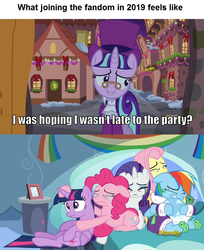 Size: 837x1024 | Tagged: safe, edit, edited screencap, screencap, fluttershy, pinkie pie, rainbow dash, rarity, snowfall frost, starlight glimmer, tank, twilight sparkle, alicorn, pony, a hearth's warming tail, g4, tanks for the memories, caption, crying, end of ponies, image macro, late fan, late join, sad, text, twilight sparkle (alicorn)