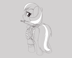 Size: 1840x1480 | Tagged: safe, artist:brisineo, oc, oc only, oc:roulette, earth pony, pony, fallout equestria, fallout equestria: red 36, armor, clothes, fanfic art, female, gun, looking at you, looking back, looking back at you, mare, monochrome, ncr, new canterlot, pauldron, pouch, rifle, simple background, solo, uniform, weapon