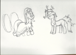 Size: 2338x1700 | Tagged: safe, artist:2tailedderpy, artist:foxhorseart, starlight glimmer, trixie, pony, unicorn, g4, road to friendship, angry, duo, female, mare, sketch, smug, stick, traditional art, wheel