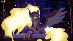 Size: 3840x2160 | Tagged: safe, artist:loveslove, daybreaker, alicorn, pony, g4, 3d, bed, bedroom, female, high res, lying down, mare, night, night sky, sad, sky, solo, spread wings, starry night, wings