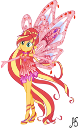 Size: 2185x3577 | Tagged: safe, artist:sparkling-sunset-s08, sunset shimmer, fairy, equestria girls, g4, barefoot, bloom (winx club), clothes, crossover, dress, ear piercing, earring, enchantix, fairy dust, fairy wings, fairyized, feet, female, gloves, hasbro, hasbro studios, high res, jewelry, long gloves, long hair, piercing, rainbow s.r.l, red dress, red wings, solo, sparkly wings, winged humanization, wings, winx, winx club, winxified