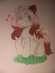 Size: 1932x2576 | Tagged: safe, oc, oc only, oc:chocolate sticks, pony, unicorn, chest fluff, female, heart, leg fluff, looking back, mare, raised hoof, signature, simple background, smiling, traditional art