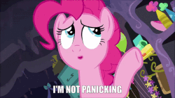 Size: 600x338 | Tagged: safe, edit, edited screencap, screencap, pinkie pie, earth pony, pony, g4, season 9, secrets and pies, animated, caption, end of ponies, female, gif, image macro, laughing, party cave, solo, text