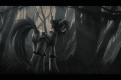 Size: 2020x1342 | Tagged: safe, artist:ventious, oc, oc only, oc:nighttide star, cyborg, pony, crying, female, letterboxing, looking back, mare, prosthetics, solo, spanish moss, swamp