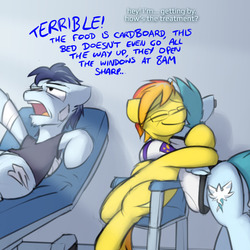 Size: 800x800 | Tagged: safe, artist:captainhoers, soarin', spitfire, oc, oc:concorde, pegasus, pony, the sunjackers, g4, cyberpunk, family, female, hospital, hug, male, mare, mother and child, nonbinary, offspring, older, parent:soarin', parent:spitfire, parents:soarinfire, ship:soarinfire, shipping, stallion, straight