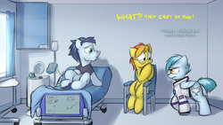 Size: 1280x720 | Tagged: safe, artist:captainhoers, soarin', spitfire, oc, oc:concorde, pony, the sunjackers, g4, bed, cyberpunk, family, female, glasses, hospital, hospital bed, male, mare, nonbinary, offspring, older, parent:soarin', parent:spitfire, parents:soarinfire, ship:soarinfire, shipping, stallion, straight