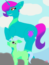 Size: 768x1024 | Tagged: safe, oc, oc only, oc:green heart, oc:purple ripple, pony, evil grin, female, filly, grin, mother and daughter, open up your eyes, simple background, smiling, vitiligo, worried