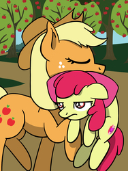 Size: 1350x1800 | Tagged: safe, artist:flutterluv, apple bloom, applejack, earth pony, pony, g4, apple bloom is not amused, apple tree, applecat, applejack's hat, behaving like a cat, bow, carrying, cowboy hat, eyes closed, female, filly, hair bow, hat, holding a pony, kitty bloom, mare, mouth hold, ponified animal photo, scruff, tree, unamused