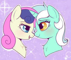 Size: 800x677 | Tagged: safe, artist:lulubell, bon bon, lyra heartstrings, sweetie drops, earth pony, pony, unicorn, g4, abstract background, boop, bust, chest fluff, eye contact, female, lesbian, looking at each other, mare, noseboop, nuzzling, open mouth, ship:lyrabon, shipping, sparkles