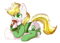 Size: 2800x2000 | Tagged: safe, artist:etoz, oc, oc only, oc:dandelion blossom, pegasus, pony, blushing, clothes, coffee, commission, drinking, female, green eyes, high res, hoodie, mare, simple background, socks, stockings, thigh highs, transparent background, wings