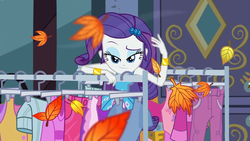 Size: 1920x1080 | Tagged: safe, screencap, rarity, equestria girls, g4, my little pony equestria girls: better together, street chic, autumn leaves, bracelet, clothes rack, female, jewelry, leaves, looking at you, raised eyebrow, solo