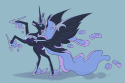 Size: 3000x2000 | Tagged: safe, artist:moonrisethemage, nightmare moon, pony, g4, alternate design, ethereal fetlocks, ethereal mane, ethereal tail, female, high res, rearing, sharp teeth, simple background, solo, teeth