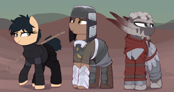 Size: 2616x1391 | Tagged: safe, artist:shinodage, oc, earth pony, pony, armor, clothes, desert, helmet, horns, kenshi, ponified, shek, trio, video game, weapon