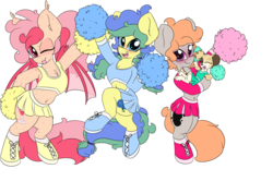 Size: 3552x2513 | Tagged: safe, artist:k-kopp, oc, oc:candy apple, oc:ink drop, oc:riley, oc:zoey ann d'quiri, bat pony, dog, earth pony, pony, belly button, cheerleader, cheerleader outfit, clothes, female, high res, midriff, puppy, simple background, skirt, transparent background