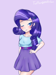 Size: 900x1200 | Tagged: safe, artist:melliedraws, rarity, human, equestria girls, g4, belt, clothes, eyeshadow, female, hand on hip, humanized, makeup, nail polish, one eye closed, skirt, solo, wink