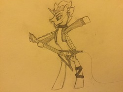 Size: 3264x2448 | Tagged: safe, artist:skritchsketch, oc, oc only, oc:powerslide, pony, unicorn, vampire, bipedal, clothes, fangs, guitar, high res, open mouth, pencil drawing, piercing, punk, simple background, solo, traditional art