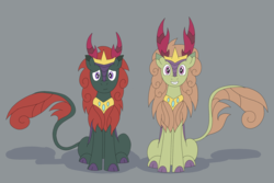 Size: 3000x2000 | Tagged: safe, anonymous artist, pharynx, thorax, changedling, changeling, kirin, g4, sounds of silence, changedling brothers, cloven hooves, colored hooves, duo, duo male, gray background, high res, king thorax, kirin-ified, male, prince pharynx, simple background, sitting, species swap, stallion