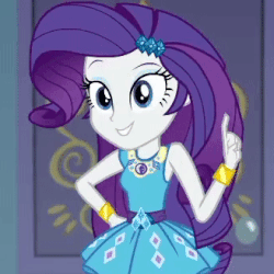 Size: 328x328 | Tagged: safe, screencap, rarity, equestria girls, g4, my little pony equestria girls: better together, street chic, animated, belt, bracelet, clothes, cropped, cutie mark on clothes, dress, eyeshadow, female, finger up, frilly design, geode of shielding, gif, gold, hairpin, hand on hip, jewelry, magical geodes, makeup, pendant, rarity peplum dress, sleeveless, solo, tank top