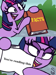 Size: 640x855 | Tagged: safe, artist:quarium edits, editor:paperbagpony, twilight sparkle, pony, unicorn, g4, book, captain obvious, exploitable meme, fact, female, hoof hold, mare, meme, truth, twilight's fact book, unicorn twilight