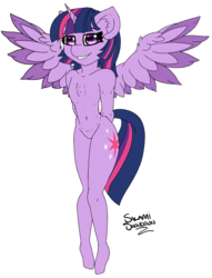 Size: 2036x2670 | Tagged: safe, artist:salamishowdown, twilight sparkle, alicorn, anthro, plantigrade anthro, g4, breastless female, chibi, female, high res, looking at you, simple background, smiling, smiling at you, solo, twilight sparkle (alicorn)
