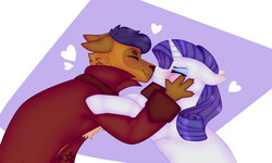 Size: 2880x1728 | Tagged: safe, artist:glitchthunder, capper dapperpaws, rarity, abyssinian, pony, unicorn, anthro, g4, abstract background, anthro with ponies, blushing, capperity, eyes closed, female, floppy ears, heart, kissing, male, mare, scrunchy face, shipping, straight, tsundere, tsunderity