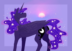 Size: 2400x1700 | Tagged: safe, artist:glitchthunder, princess luna, alicorn, pony, g4, cutie mark, ethereal mane, eyes closed, female, mare, missing accessory, solo, starry mane, sun, sunset