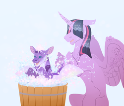 Size: 2154x1856 | Tagged: safe, artist:glitchthunder, twilight sparkle, oc, alicorn, dracony, hybrid, pony, g4, bath, bathing, bathtub, curved horn, duo, eyes closed, female, floppy ears, horn, interspecies offspring, mare, mother and child, mother and daughter, offspring, parent:spike, parent:twilight sparkle, parents:twispike, simple background, splashing, spread wings, twilight sparkle (alicorn), wet mane, white background, wings