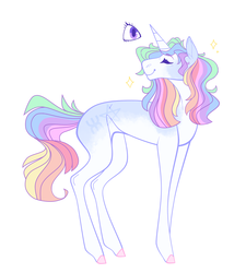 Size: 1800x2000 | Tagged: safe, artist:glitchthunder, oc, oc only, pony, unicorn, blank flank, breedable, coat markings, eyes closed, female, magical lesbian spawn, mare, offspring, parent:rainbow dash, parent:rarity, parents:raridash, simple background, smiling, solo, stars, white background