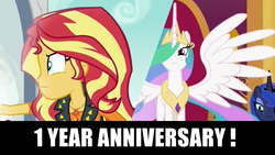 Size: 1920x1080 | Tagged: safe, edit, edited screencap, screencap, princess celestia, princess luna, sunset shimmer, alicorn, pony, equestria girls, equestria girls series, forgotten friendship, g4, angry, anniversary, caption, celebration, clothes, cloud, cloudy, crown, cutie mark, cutie mark on clothes, day, determined, exclamation point, family, female, frown, geode of empathy, image macro, impact font, indoors, it happened, jacket, jewelry, leather jacket, magical geodes, one year anniversary, outdoors, portal, princess, regalia, reunion, royal sisters, royalty, shirt, siblings, simple background, sisters, sky, spread wings, symbol, t-shirt, text, the prodigal sunset, throne, throne room, top, transparent background, wall of tags, wings, woman