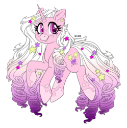 Size: 1024x1027 | Tagged: safe, artist:sk-ree, oc, oc only, pony, unicorn, ear fluff, ear piercing, female, gradient mane, gradient tail, looking at you, mare, open mouth, piercing, signature, simple background, solo, stars, tail, transparent background