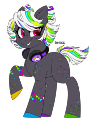 Size: 1024x1358 | Tagged: safe, artist:sk-ree, oc, earth pony, pony, colored hooves, ear fluff, female, headphones, looking at you, mare, open mouth, raised hoof, signature, simple background, solo, transparent background