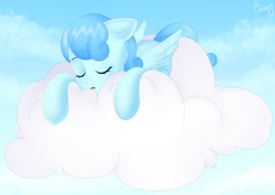 Size: 5000x3544 | Tagged: safe, artist:bestiary, oc, oc only, oc:frost shard, pegasus, pony, cloud, female, mare, sleeping, solo