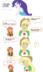 Size: 1280x2140 | Tagged: safe, artist:haibaratomoe, applejack, rarity, sunset shimmer, equestria girls, g4, my little pony equestria girls: better together, angry, applejack's hat, clothes, comic, cowboy hat, cute, female, freckles, hat, jackabetes, lesbian, open mouth, raribetes, rarity peplum dress, shimmerbetes, ship:rarijack, shipping, shirt, simple background, speech bubble, white background