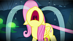 Size: 598x335 | Tagged: safe, fluttershy, changeling, g4, to where and back again, crying, disguise, disguised changeling, female, nose in the air, ocular gushers, solo