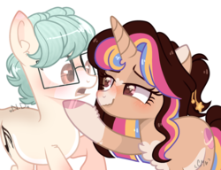 Size: 1024x786 | Tagged: safe, artist:at--ease, artist:mint-light, artist:moon-rose-rosie, oc, oc only, oc:lucas, oc:melanie (moon-rose-rosie), earth pony, pony, unicorn, base used, blush lines, blushing, brown eyes, chest fluff, coat markings, collaboration, colored hooves, duo, earth pony oc, facial markings, female, glasses, hoof polish, horn, lidded eyes, lightly watermarked, looking at each other, looking at someone, male, mare, pale belly, ponysona, shocked, simple background, snip (coat marking), socks (coat markings), stallion, star (coat marking), transparent background, unicorn oc, watermark, wavy mouth