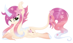 Size: 1280x750 | Tagged: safe, artist:crystal-tranquility, oc, oc only, oc:hanami, pony, unicorn, chest fluff, curved horn, female, flower, flower in hair, heart eyes, horn, leonine tail, mare, one eye closed, prone, simple background, smiling, solo, transparent background, unshorn fetlocks, wingding eyes