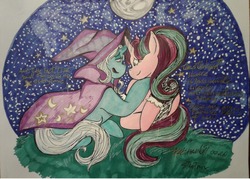 Size: 1280x915 | Tagged: safe, artist:charlott2200, starlight glimmer, trixie, pony, unicorn, g4, female, holiday, lesbian, looking at each other, moon, night, ship:startrix, shipping, smiling, stars, traditional art, valentine's day