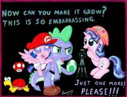 Size: 6594x5033 | Tagged: safe, artist:rammzblood, spike, starlight glimmer, twilight sparkle, dragon, koopa troopa, pony, unicorn, yoshi, ail-icorn, g4, interseason shorts, absurd resolution, age regression, baby, babylight sparkle, beanie, camera, clothes, cosplay, costume, dialogue, egg, female, filly, hat, stars, super mario bros., traditional art, winged spike, wings, yoshi's island