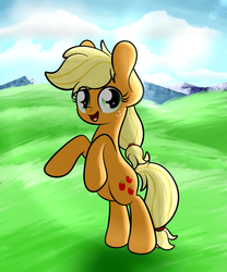 Size: 3173x3809 | Tagged: safe, artist:php142, applejack, earth pony, pony, g4, bipedal, cloud, cloudy, cute, female, grass, grass field, high res, jackabetes, looking at you, meadow, mountain, outdoors, solo