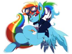 Size: 1720x1300 | Tagged: safe, artist:potetecyu_to, rainbow dash, pegasus, semi-anthro, g4, arm hooves, breasts, chestbreasts, female, goggles, mare, simple background, smiling, solo