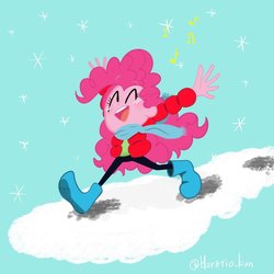 Size: 1000x1000 | Tagged: safe, artist:horatio_kun, pinkie pie, equestria girls, g4, clothes, eyes closed, female, jacket, open mouth, scarf, shoes, snow, solo