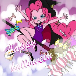 Size: 1000x1000 | Tagged: safe, artist:horatio_kun, pinkie pie, equestria girls, g4, armpits, broom, female, flying, flying broomstick, happy halloween, solo, witch