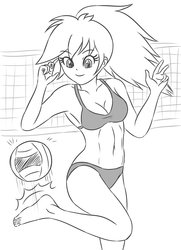 Size: 1653x2283 | Tagged: safe, artist:sumin6301, rainbow dash, human, g4, armpits, ball, belly button, bikini, clothes, female, humanized, lineart, midriff, monochrome, smiling, solo, sports, swimsuit, volleyball