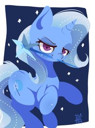 Size: 994x1345 | Tagged: safe, artist:tohupo, trixie, pony, unicorn, g4, female, mare, mouth hold, smiling, solo, wand