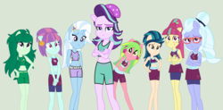 Size: 2190x1077 | Tagged: safe, artist:eli-j-brony, indigo zap, lemon zest, sour sweet, starlight glimmer, sugarcoat, sunny flare, trixie, wallflower blush, equestria girls, g4, base used, belly button, clothes, exeron fighters, exeron outfit, midriff, ponied up, shadow five, skirt, sports bra